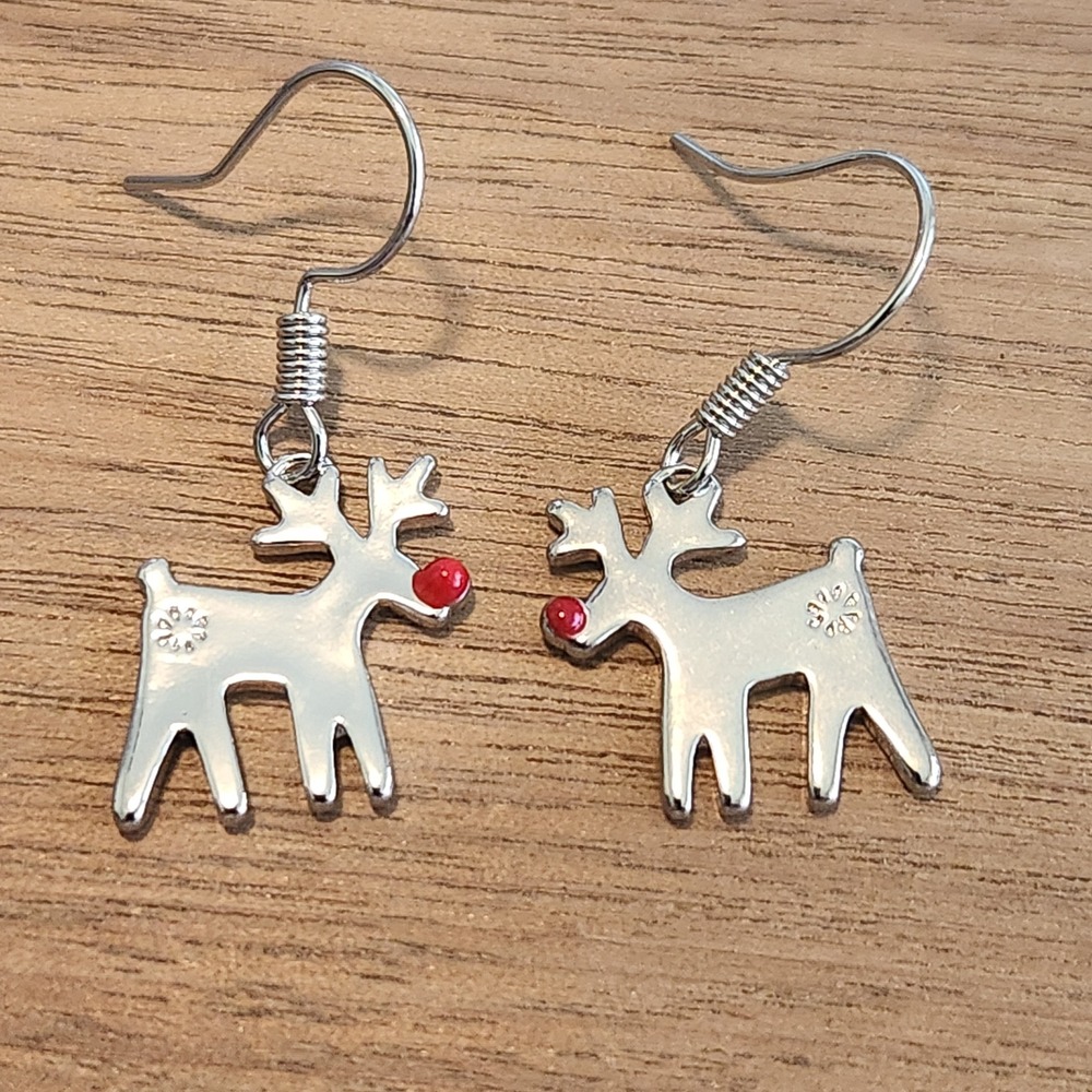 Silver Reindeer Red Nose Christmas Drop Earrings Holiday Snowflake Dangle